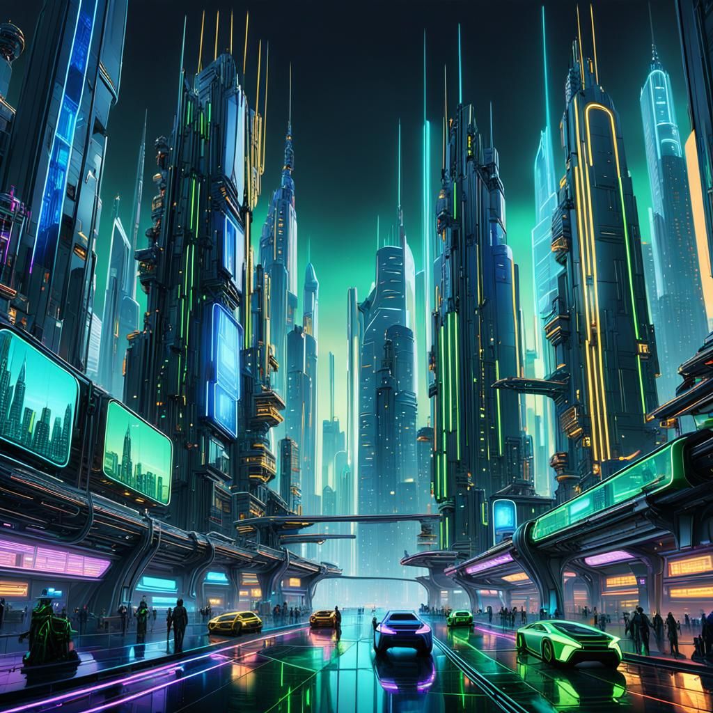 Futuristic Cyberpunk Metropolis with Neon Lights