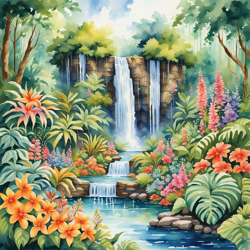 Lush Waterfall Landscape in Watercolor Gouache Style