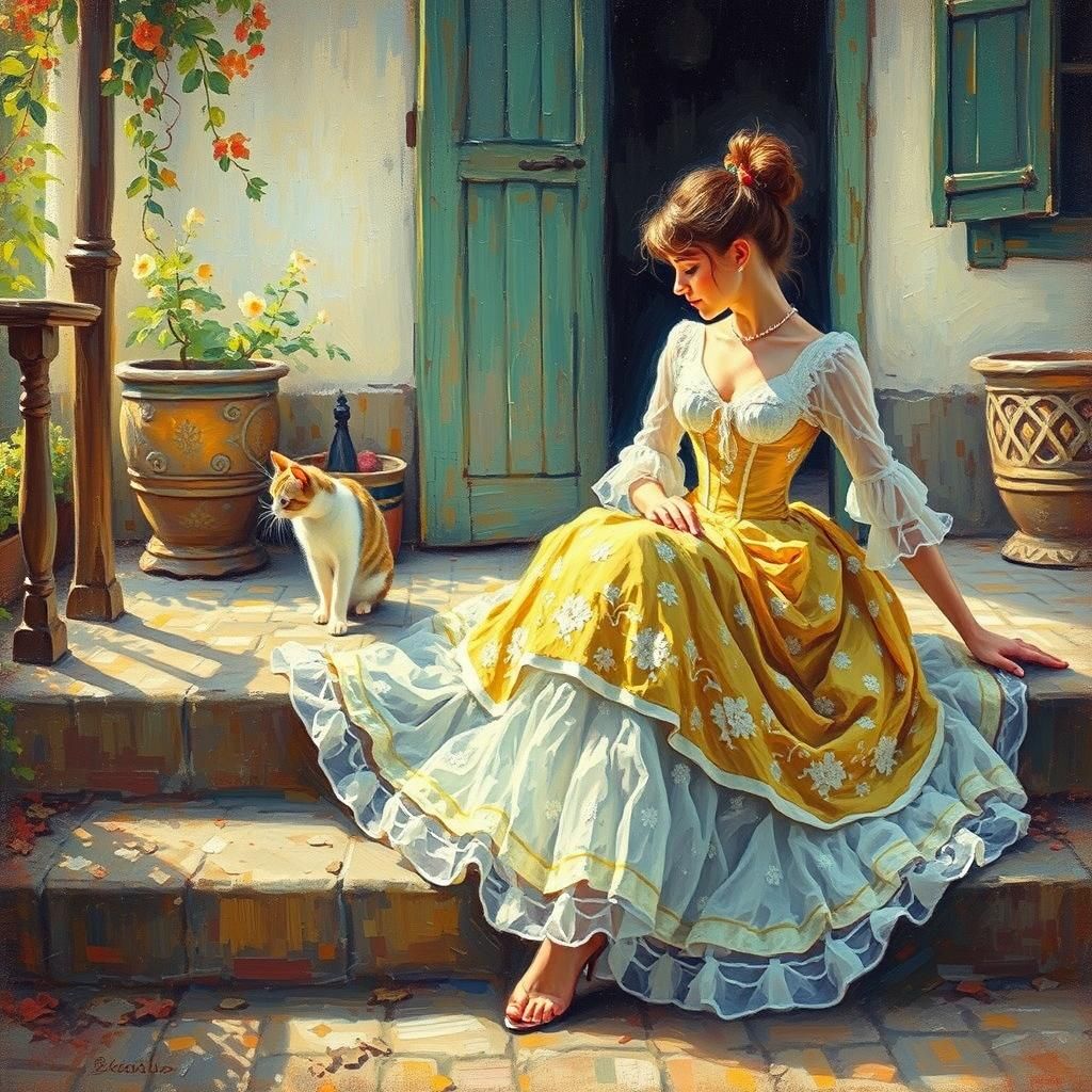 Impressionist painting, stunning woman, yellow and white dre...
