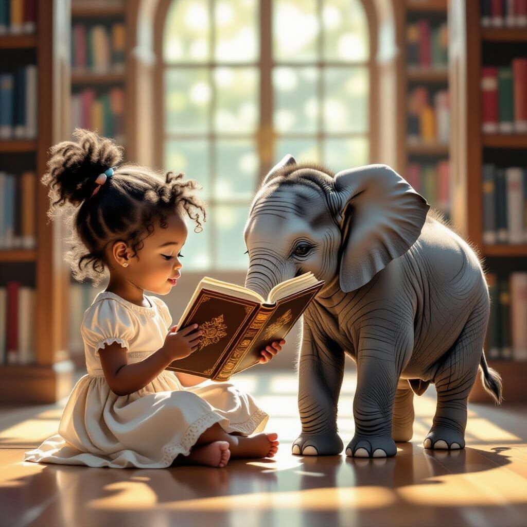 Girl Reading in Library, Elephant Tug-of-War, Soft Acrylic S...
