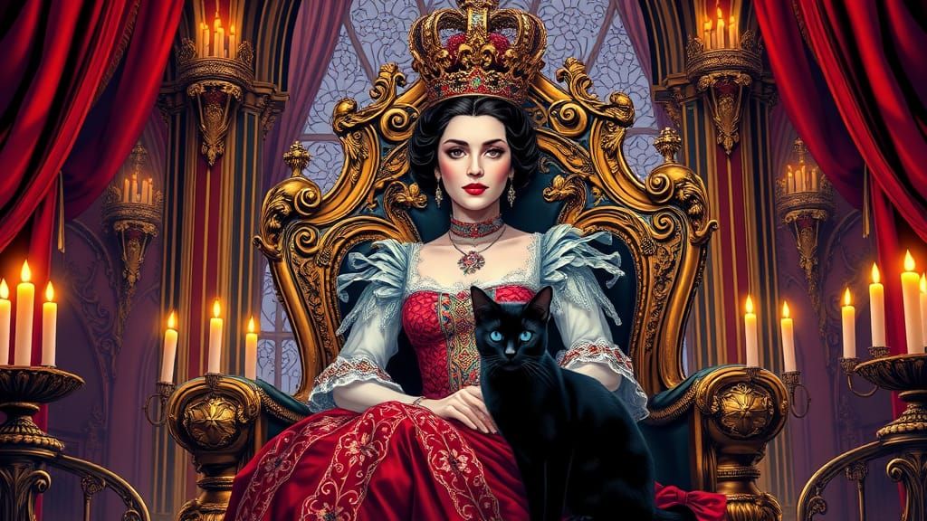 Regal Victorian Queen with Majestic Black Cat