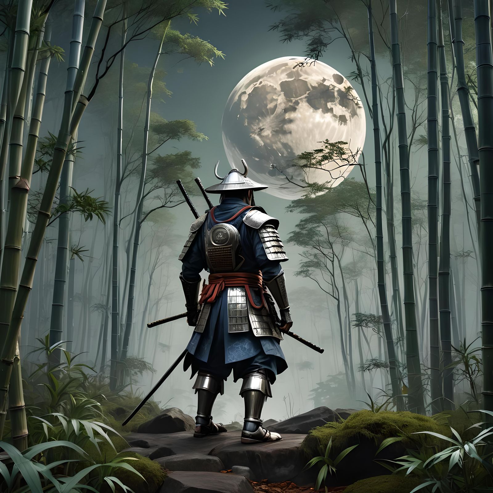 Samurai in Bamboo Forest Under Silver Moon