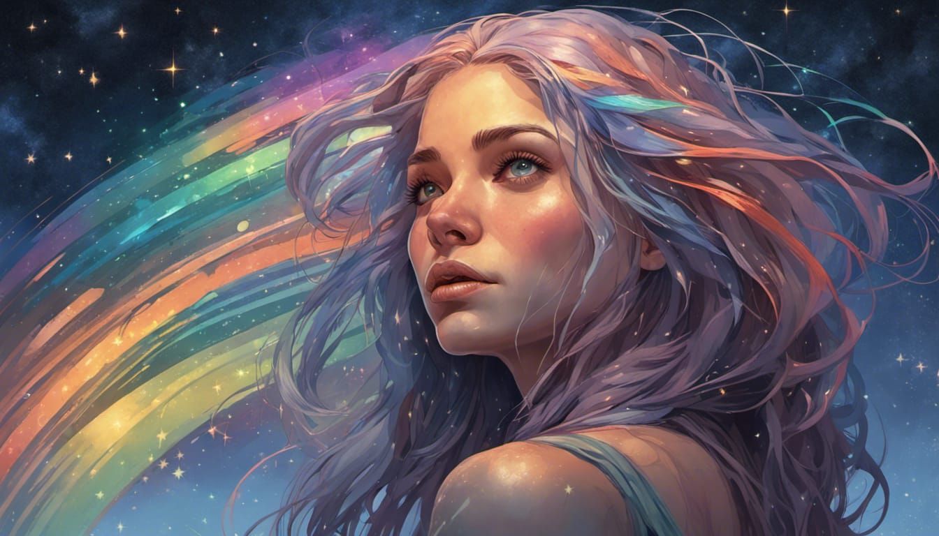 Rainbow Haired Woman, Starry Night Reflection, Digital Portr...