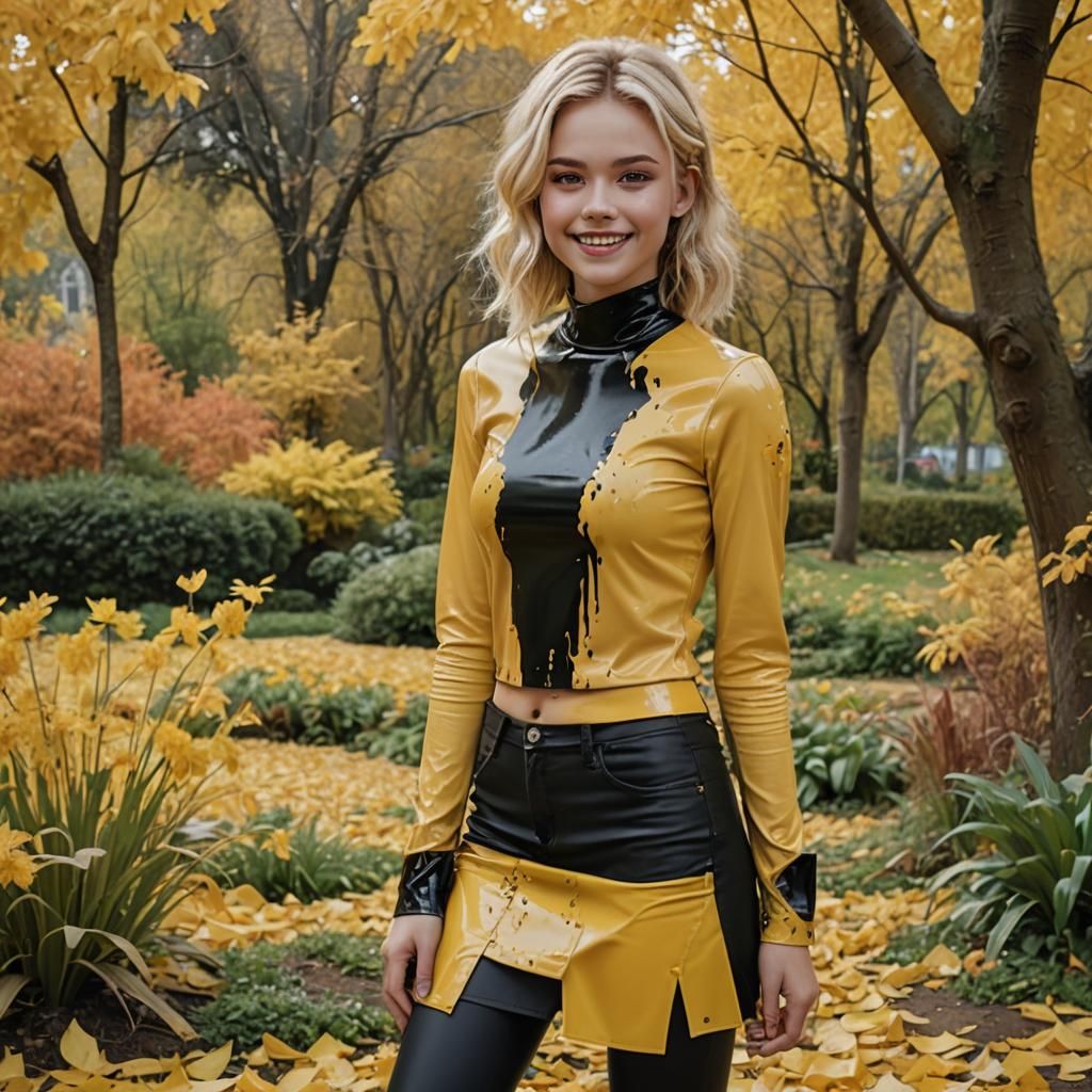Blonde Woman in Latex Outfit in Autumn Garden