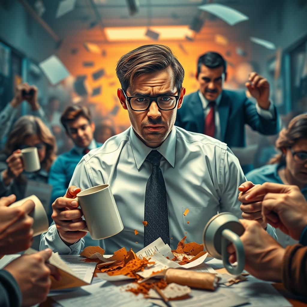 Frantic Office Scene in Hyper-Realistic Digital Art