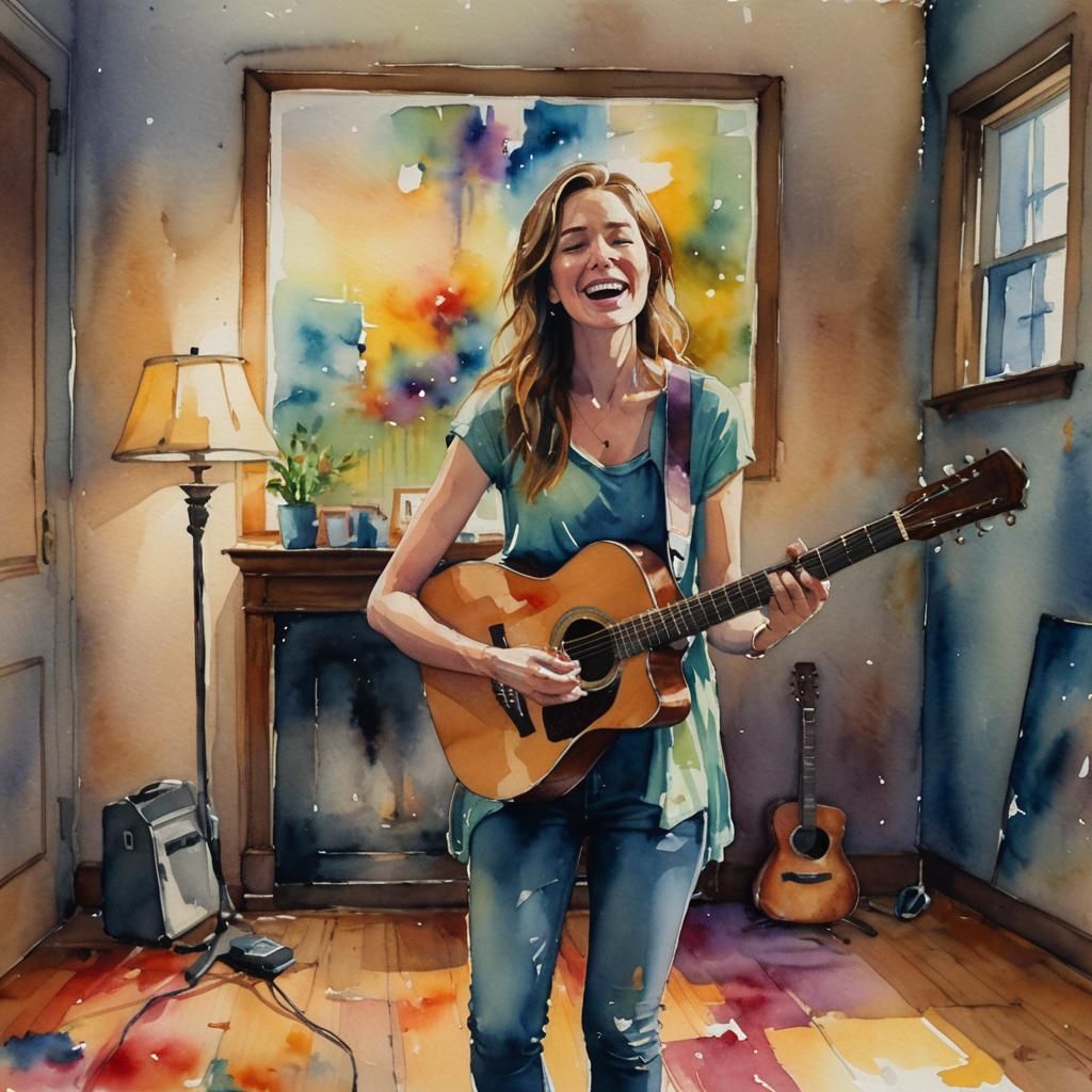 Watercolor Woman Singing with Guitar in Empty Room