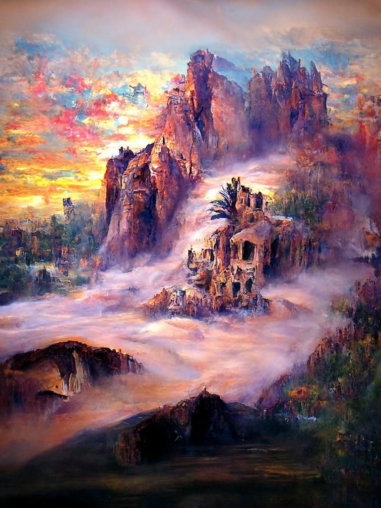 Ethereal Desert Ruins at Dawn as Surreal Oil Painting