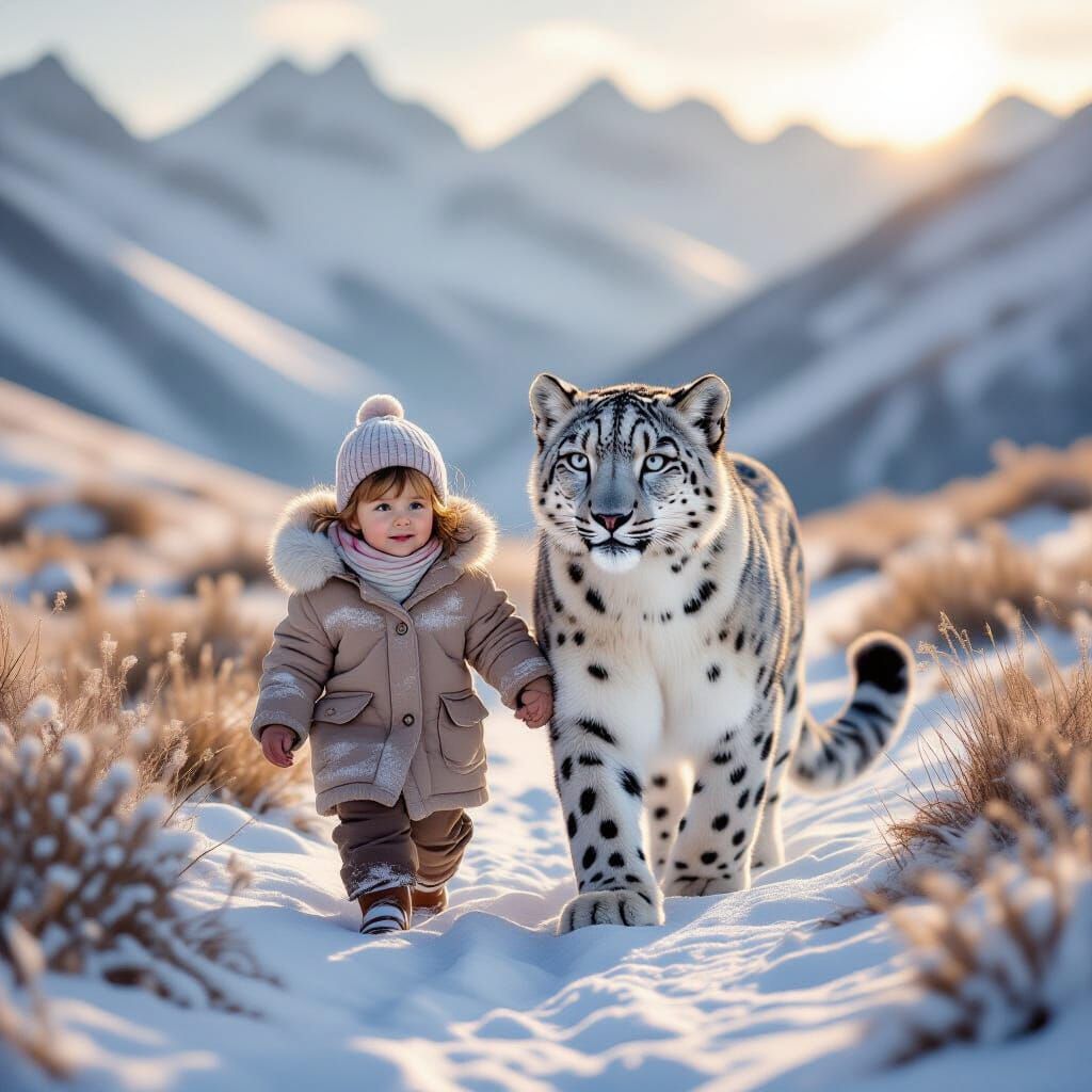 Child and Snow Leopard's Dawn Friendship in Alpine Meadow