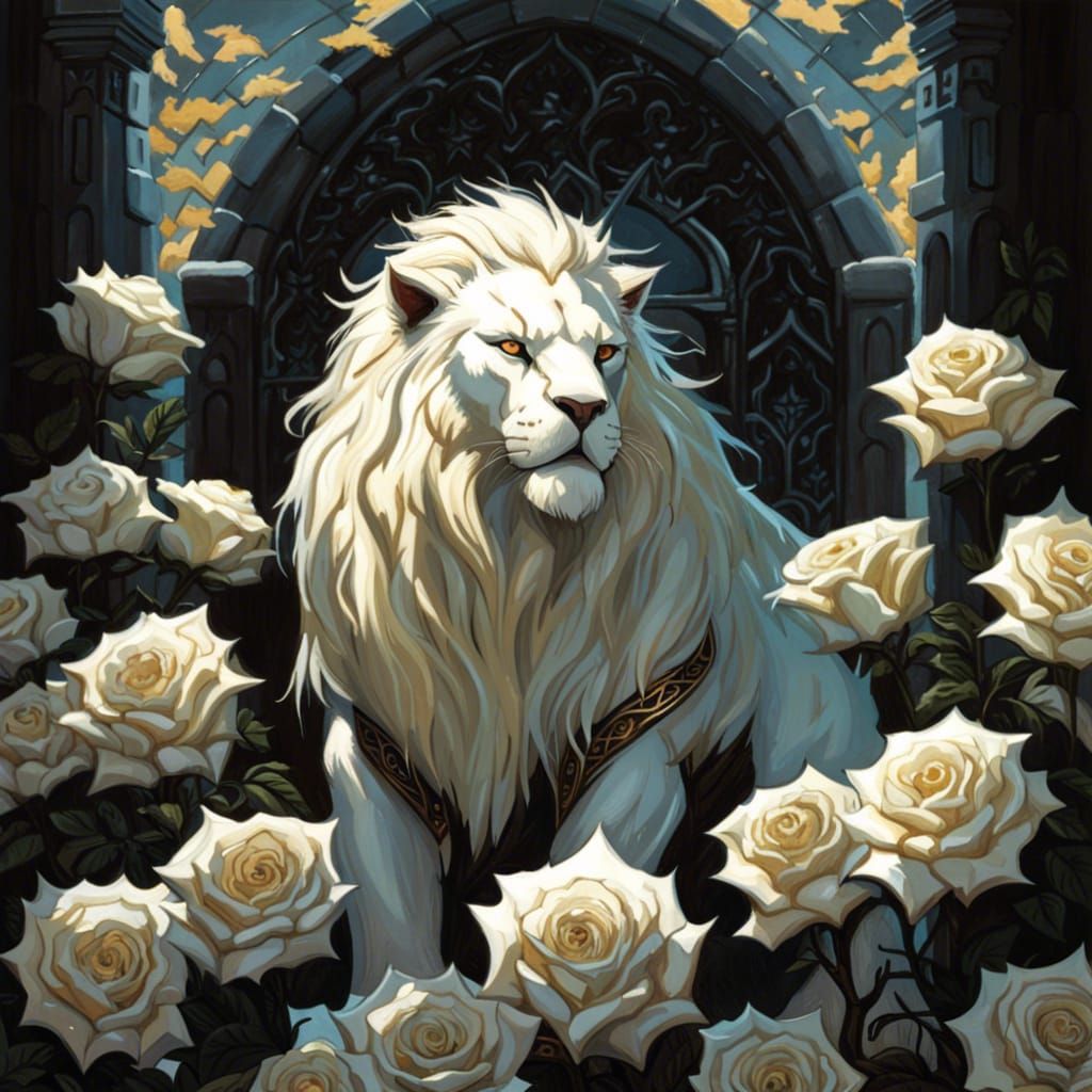 Unholy White Lion in Roses, Gothic Dark Fantasy