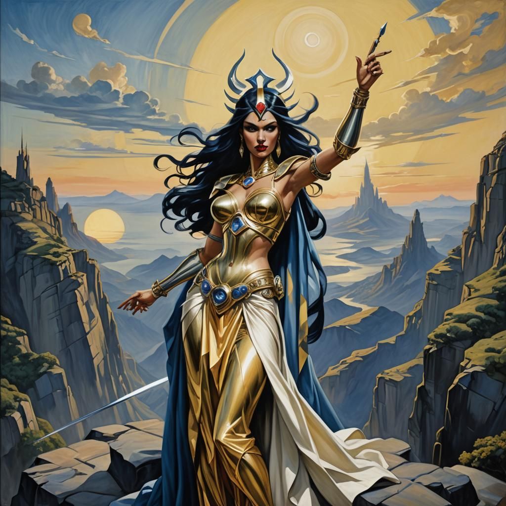 Warrior Goddess on a Cliff in Art Deco Style