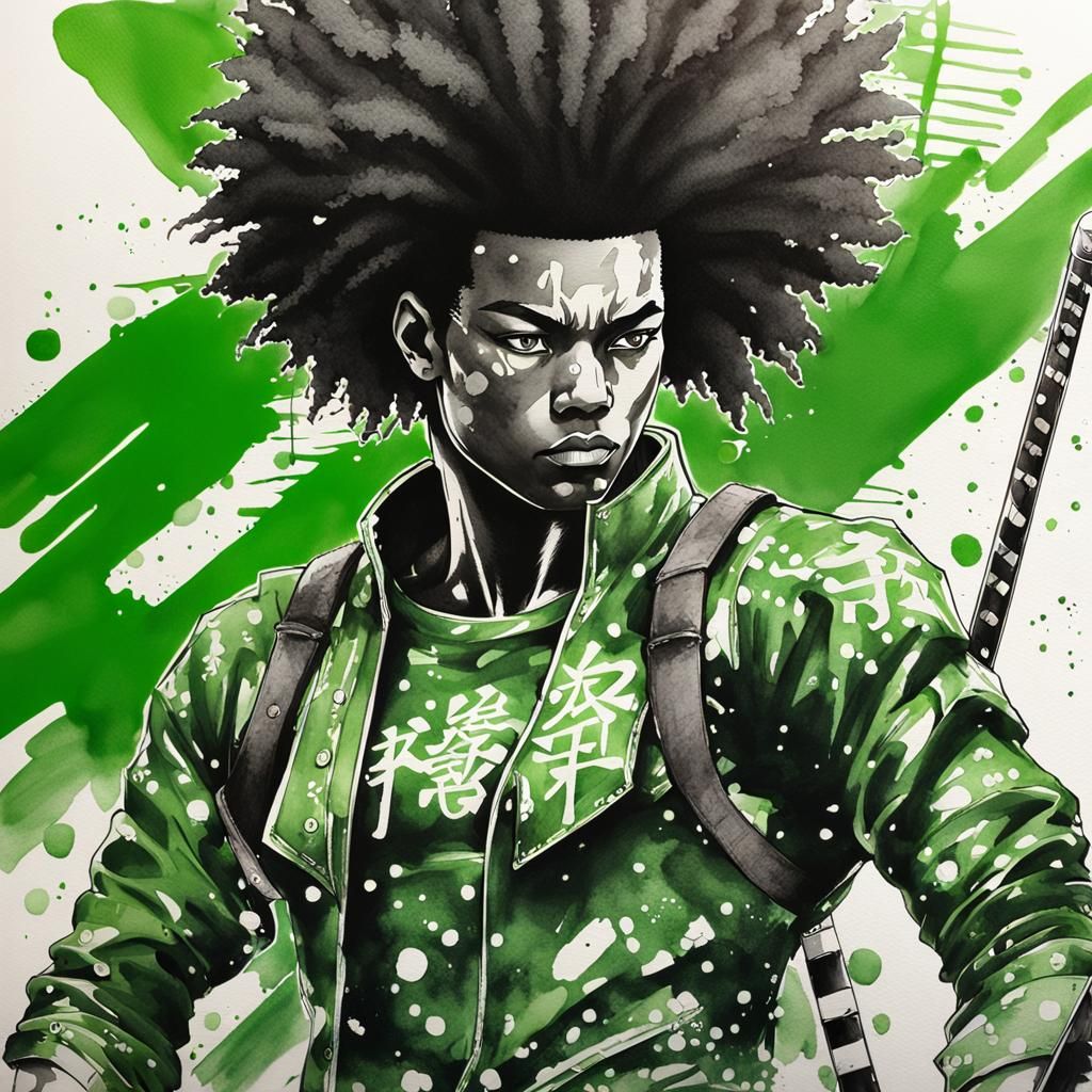 Cyberpunk Afro Cyber Ninja in Watercolor Manga Style