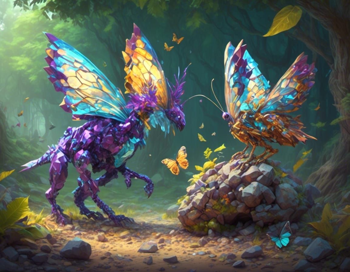 Butterfly Raptor Hybrid with Crystal Clusters