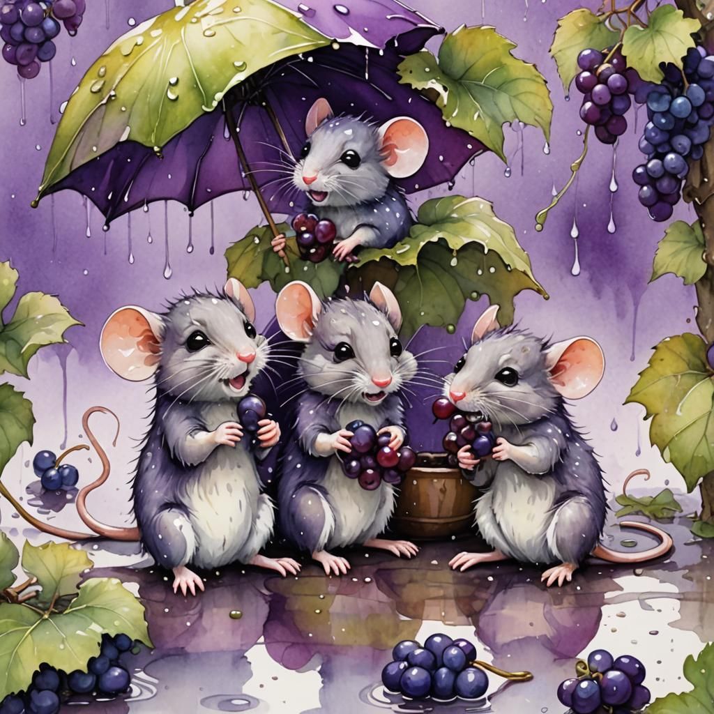 Cute Mice Enjoying Grapes: Watercolor Illustration