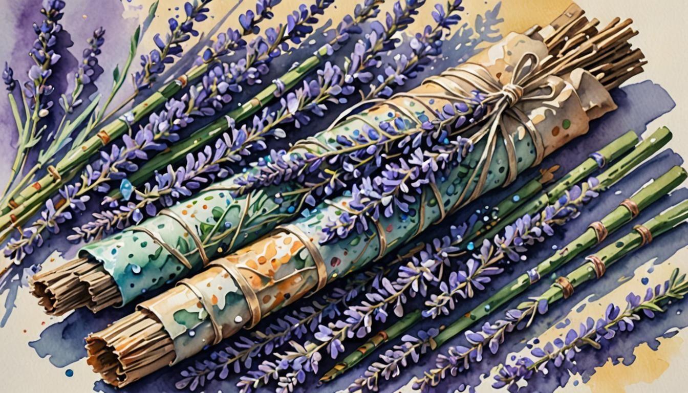 Lavender Smudge Stick Drawing in Gouache Watercolor Style