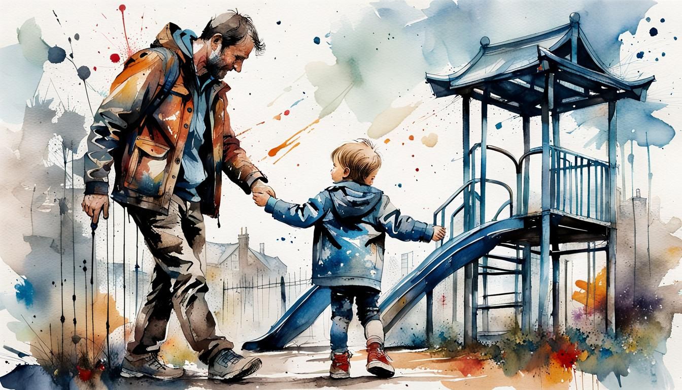 Happy Kid Playing with Dad: Art Brut Style