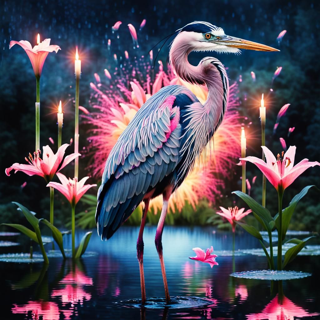 Luminous Heron in Lily Garden at Night