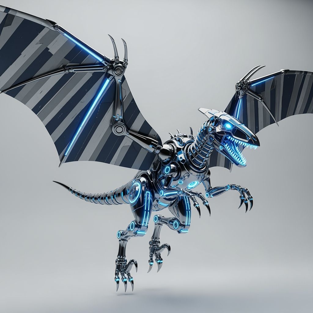 Robotic Velociraptor with Pterodactyl Wings in Futuristic St...