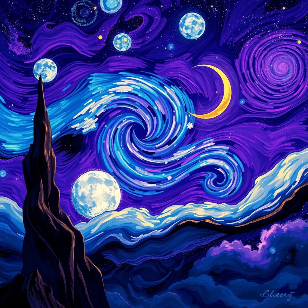 Dreamy, Vibrant Night Sky with Swirling Clouds and Golden Mo...