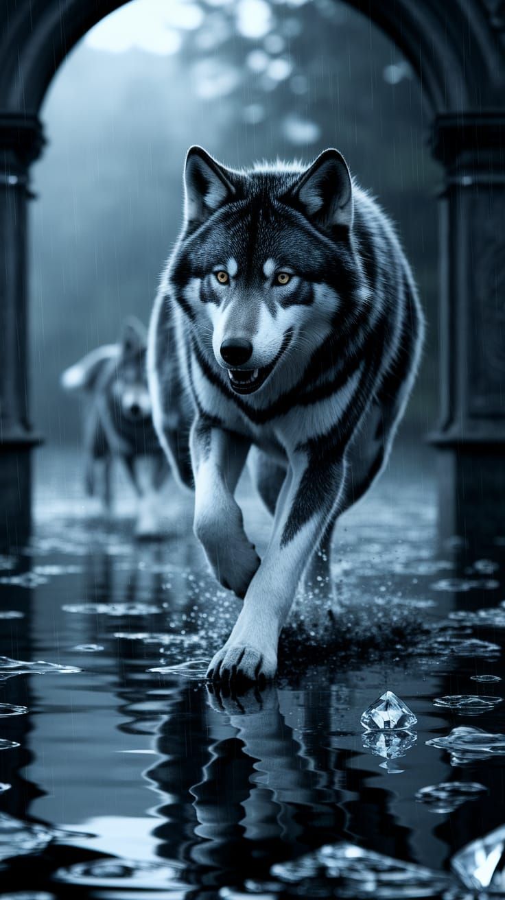 Doom Metal Portal with Wolves in Crystal Rain