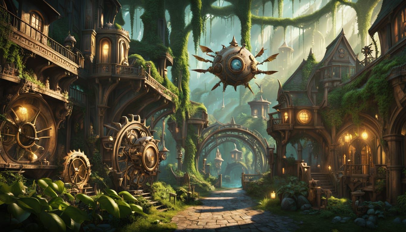 Steampunk Elf Village in Warm Golden Light