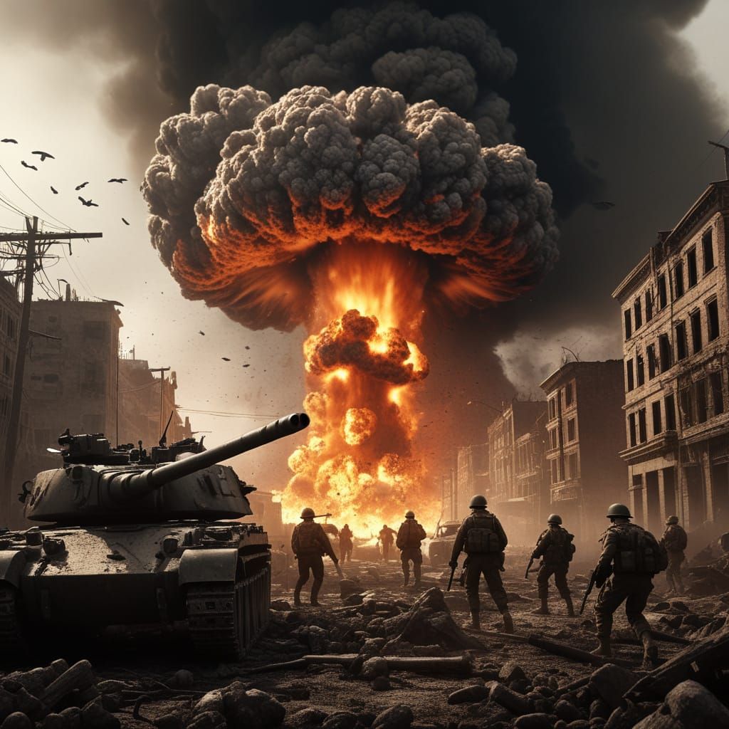 War-Torn Cityscape in High-Octane Cinematic Style