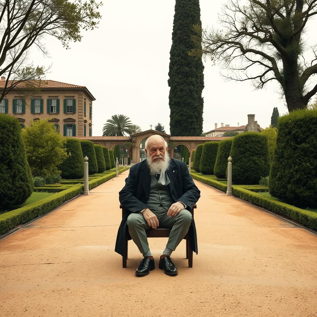 Italian Garden With Sorrowful Man: Surreal Art
