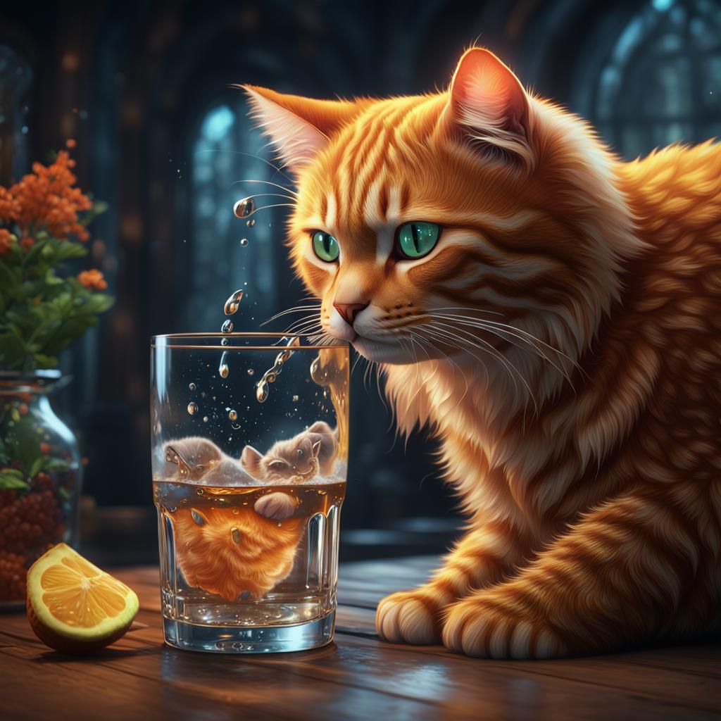 Fluffy Ginger Cat's Refreshment: Digital Art