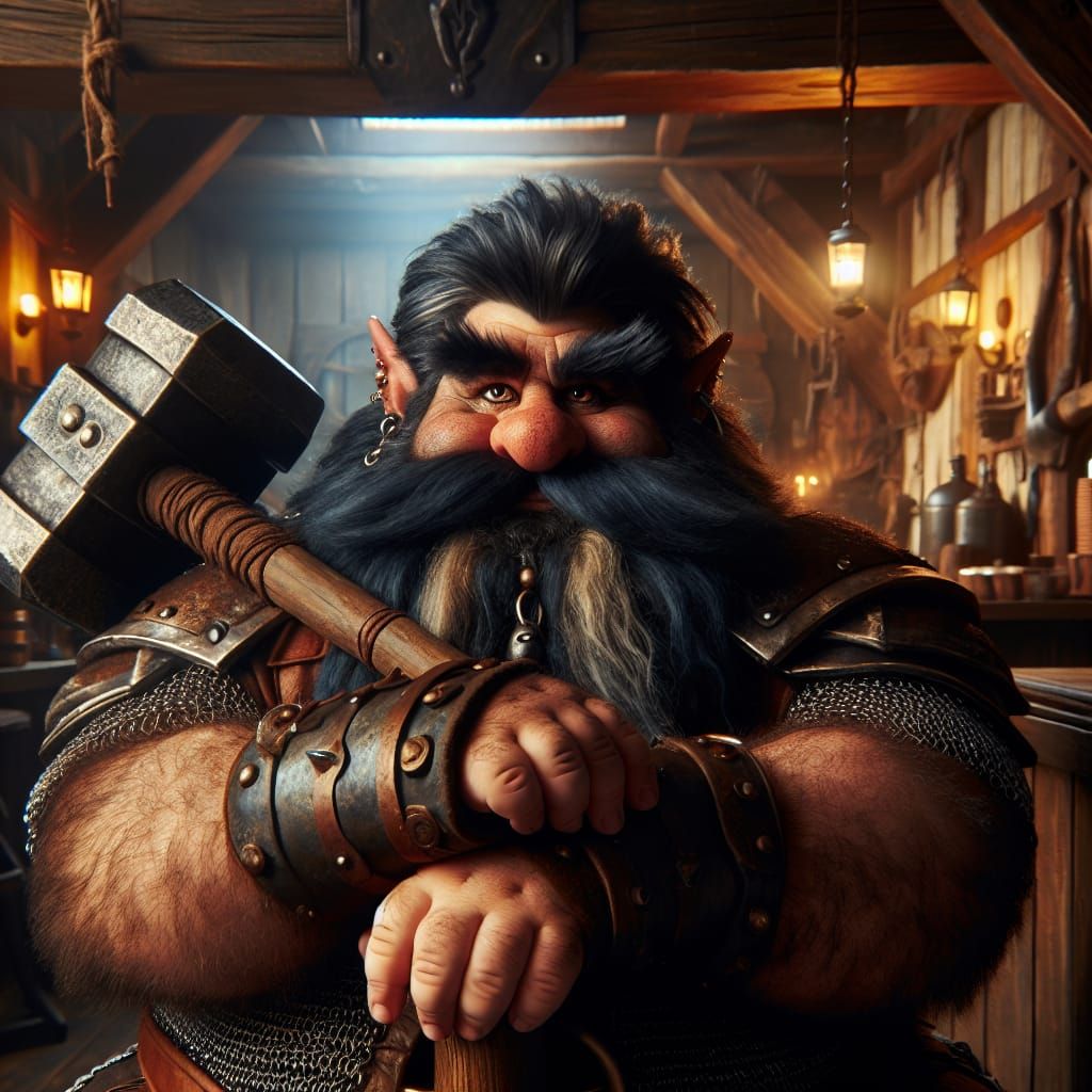 Armored Blue-Haired Dwarf in Fantasy Tavern