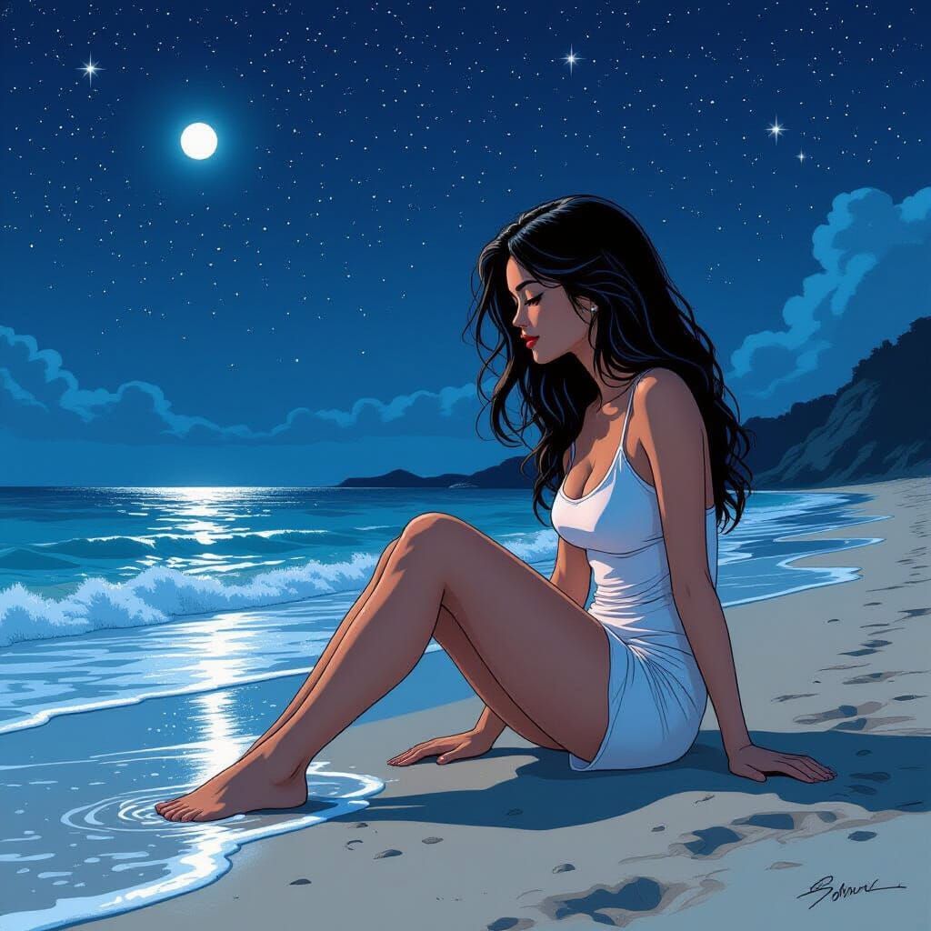 Woman on Beach Under Starry Sky in Herté Style