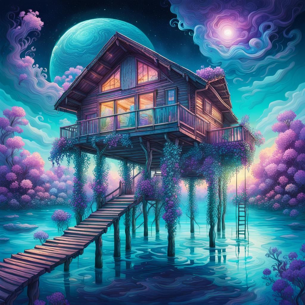 Stilt Chalet in Turquoise Water with Astral Clouds