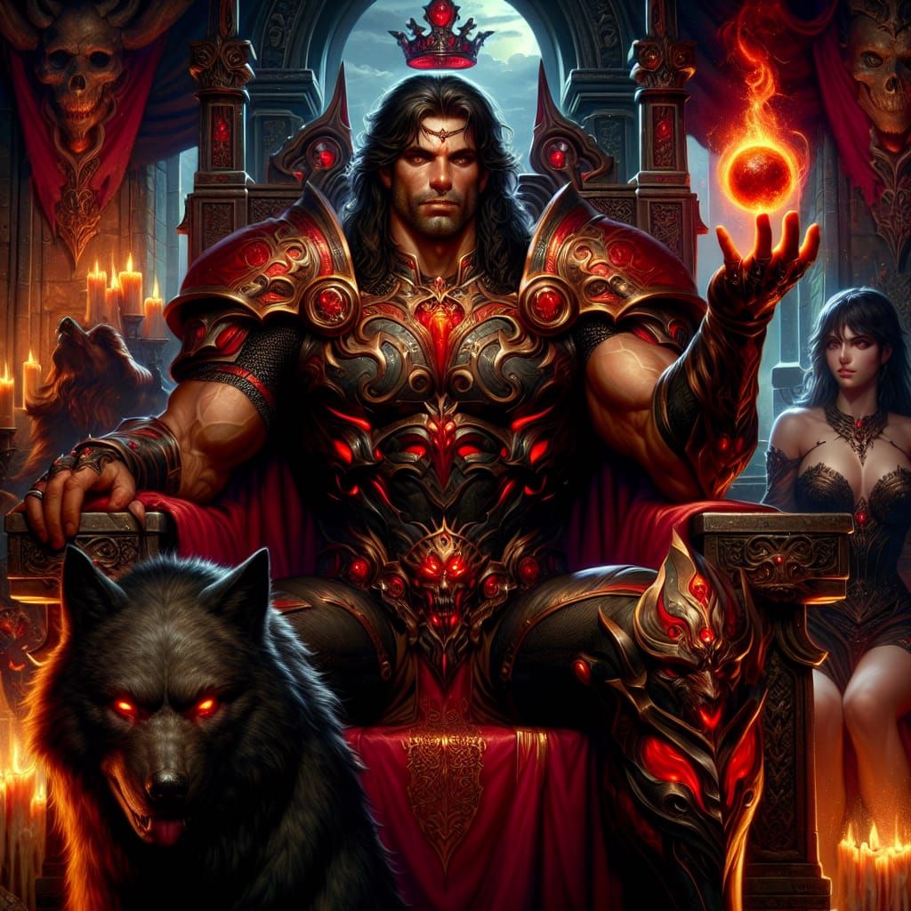 A powerful, muscular male figure, likely a deity or king, si...