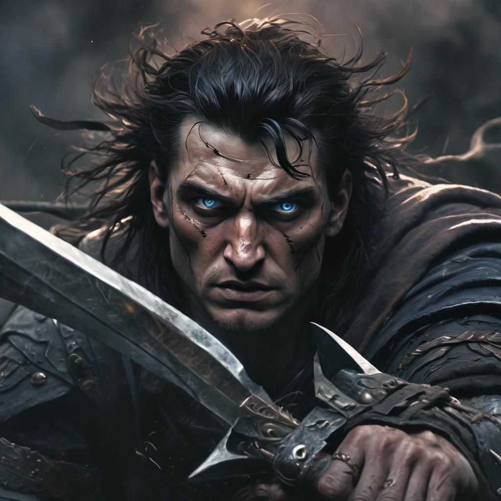 Cúchulainn Portrait in Dark Fantasy Battle Scene