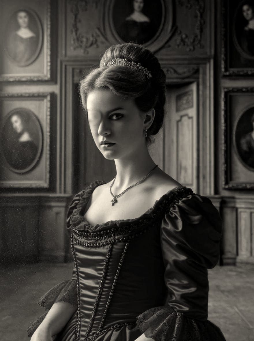 Vintage Portrait of Woman with Eyepatch in Rococo Gown