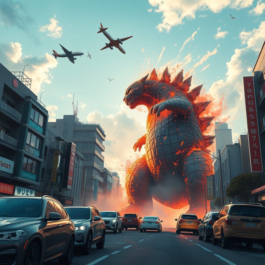 Cyberpunk Catzilla Wreaks Havoc on Tokyo