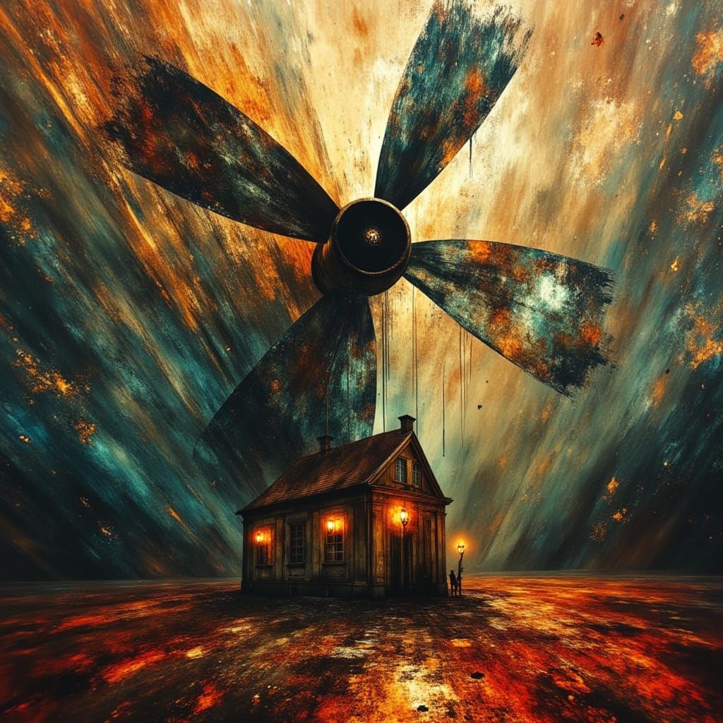 Surreal Propeller Shatters World in Fiery Oil Painting