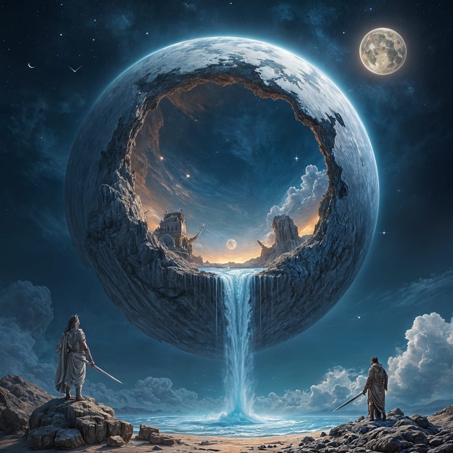 Realistic, Dreamy Planet Scene with Greek Gods in a Nocturna...