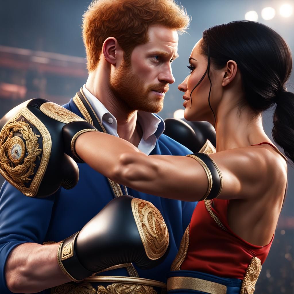 Hyperrealistic Painting of Prince Harry Boxing Megan Markle