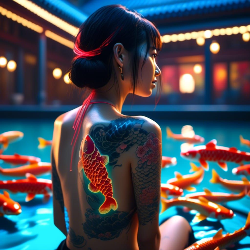 Neon Koi Carp Tattoos in Cyberpunk Style