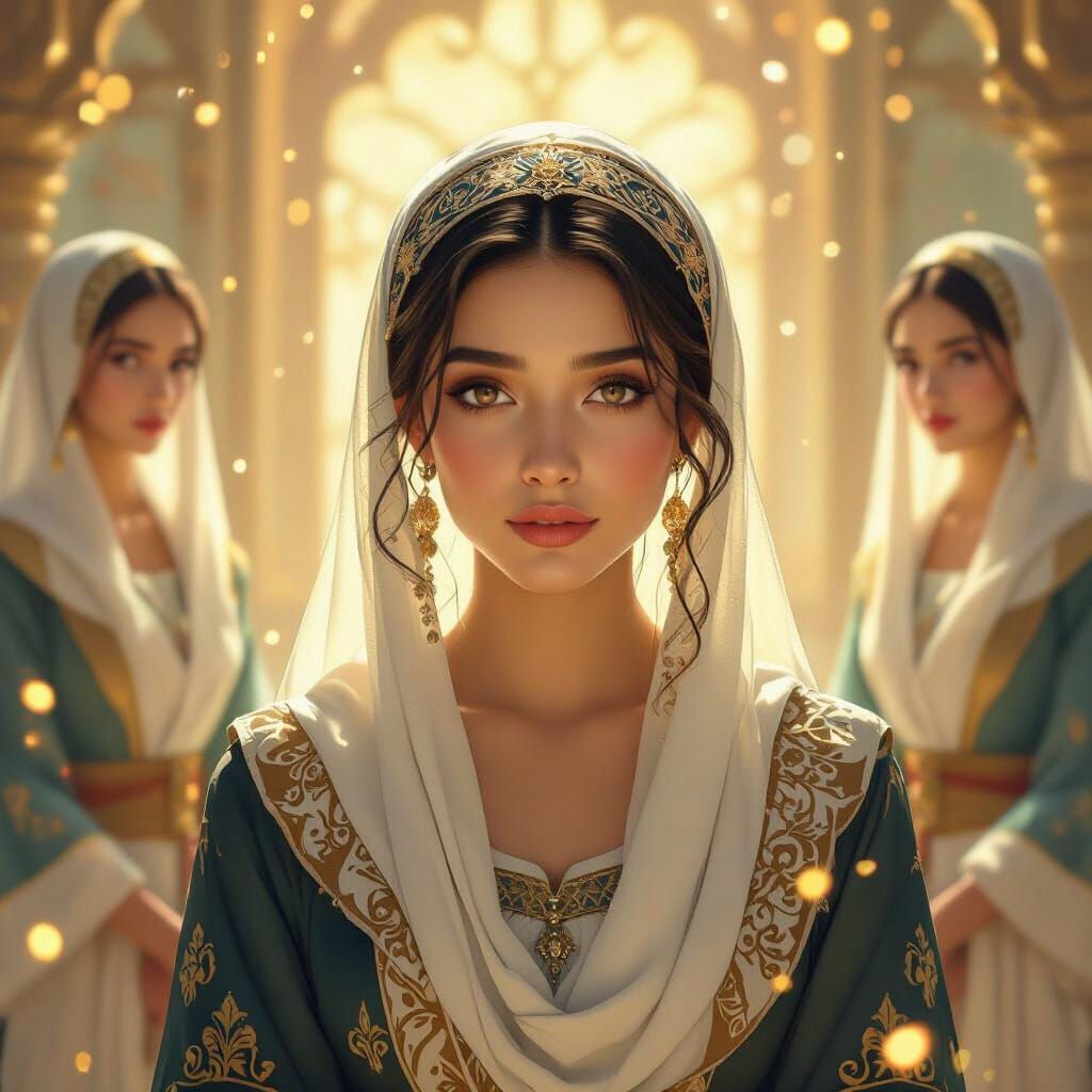 Young Woman in Palace with Golden Light, Digital Painting