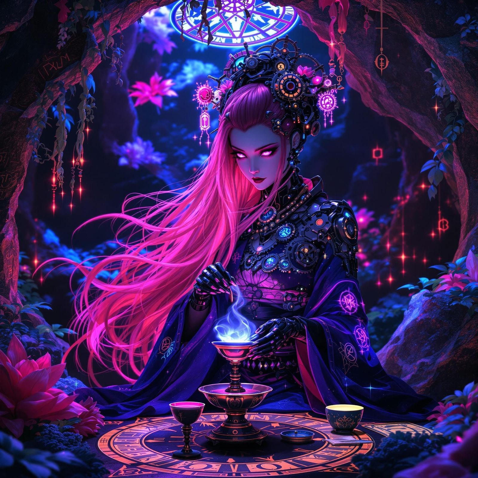 Gothic Cyborg Geisha in Crystal Grotto, Steampunk Fantasy