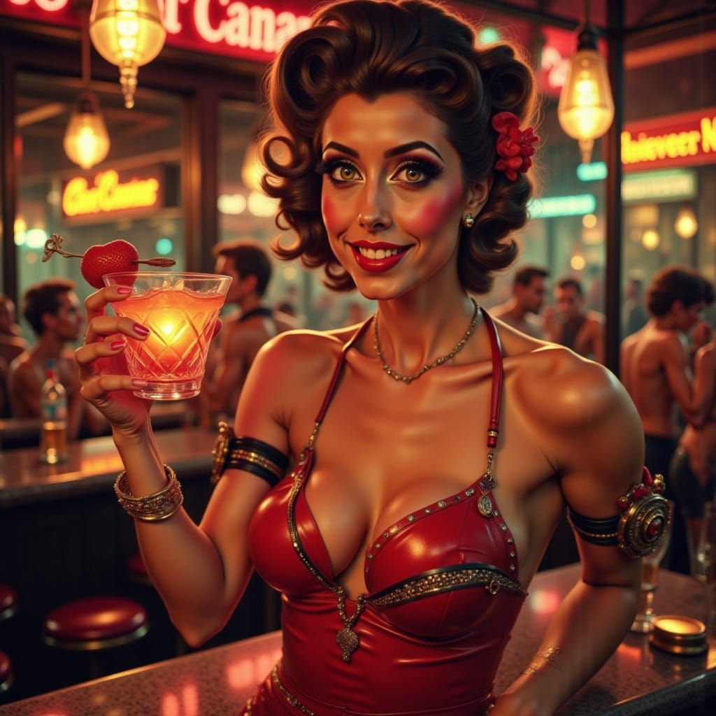 Pulp Pinup Woman Holds Cocktail with a Smile