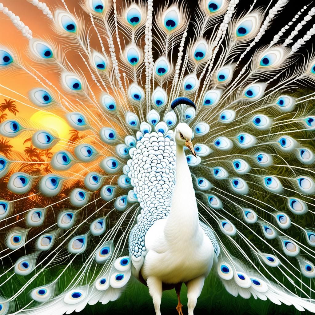 Elegant White Peacock Displaying at Sunset
