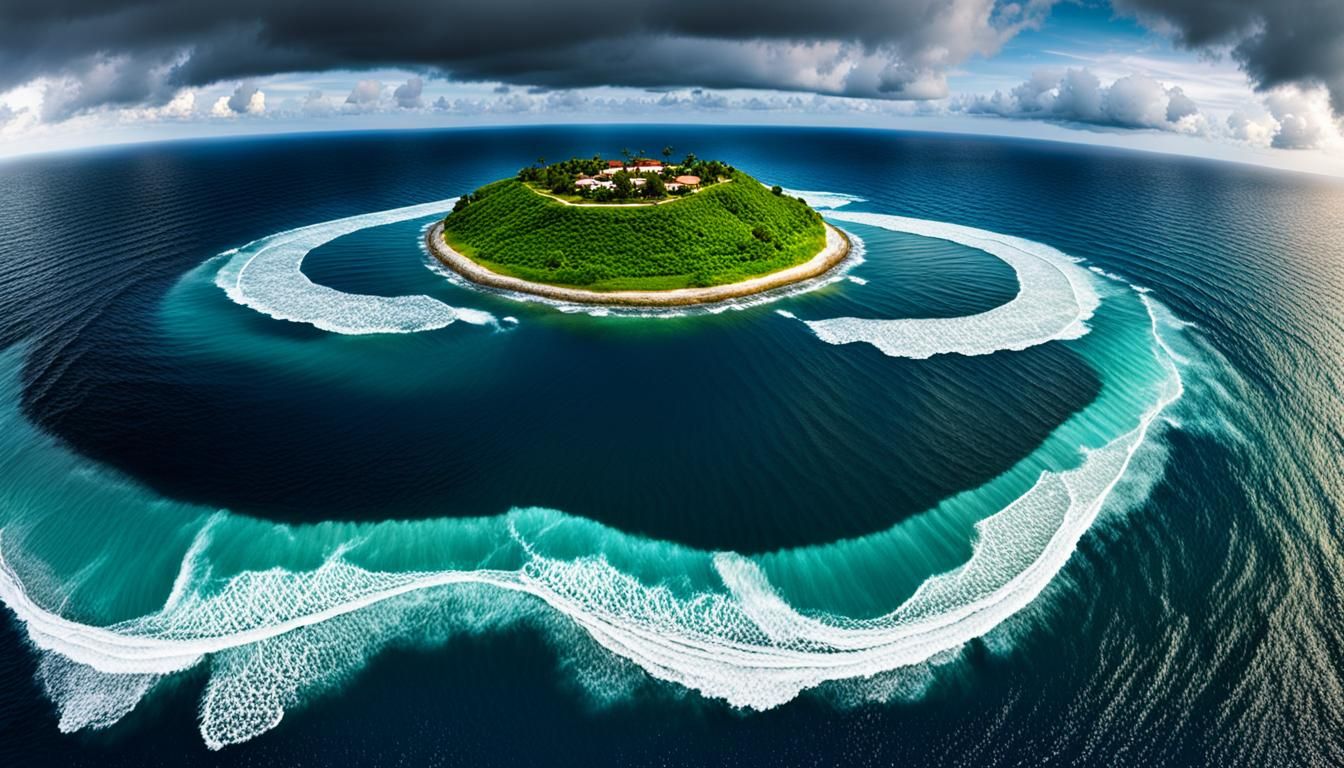 Good energy waves overtaking bad energy waves to produce a harmonious and utopian island with perfect balance.