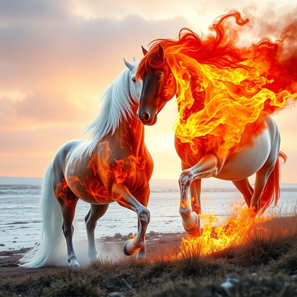 Ice and Fire Horses Embrace in a Dreamy Landscape