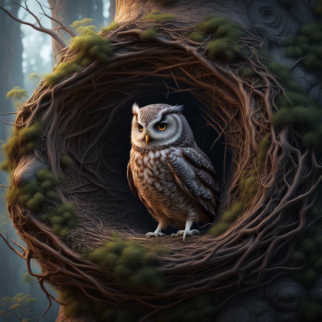 Realistic Owl Nest in Detailed Matte Painting