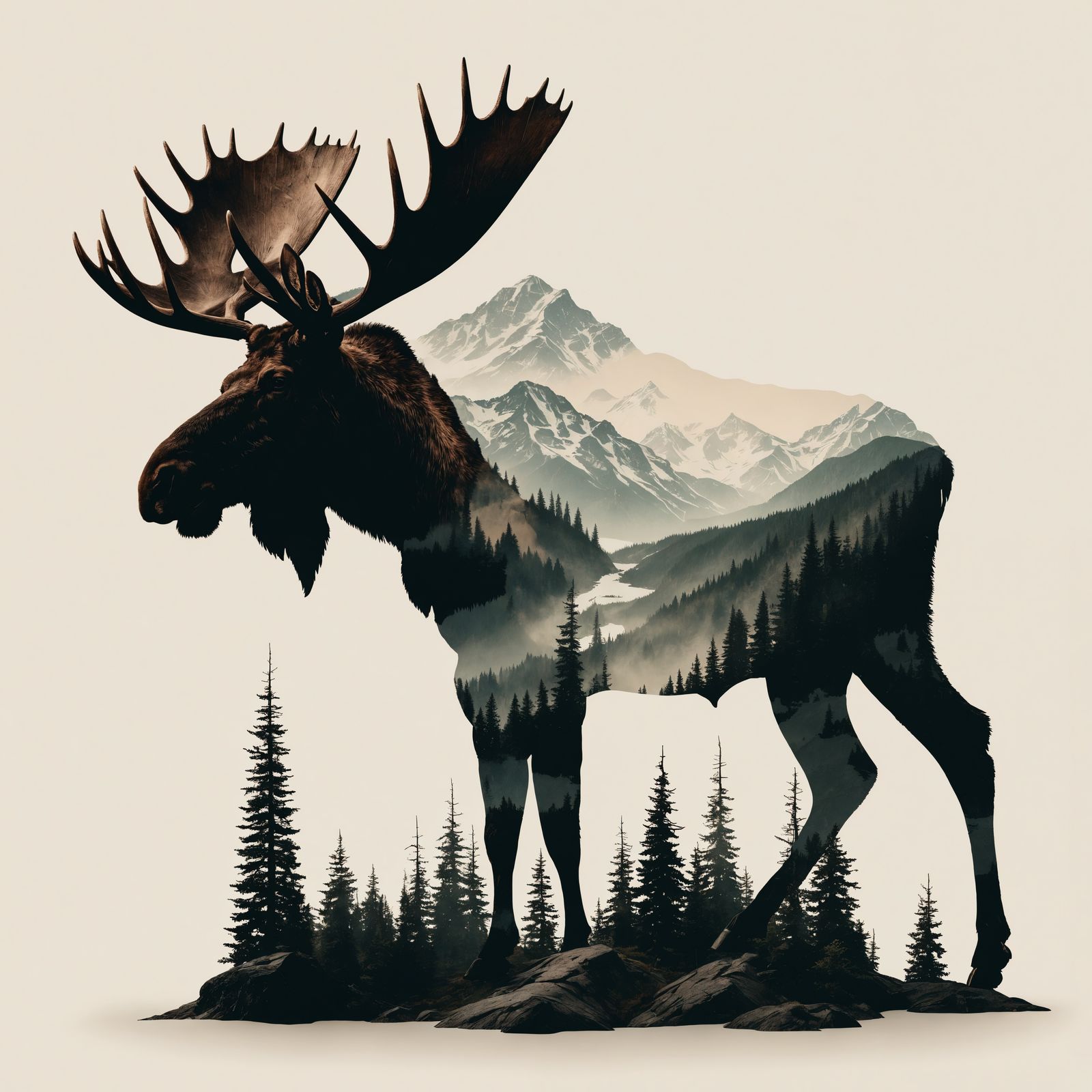 Moose Silhouette Double Exposure with Mountain Scene