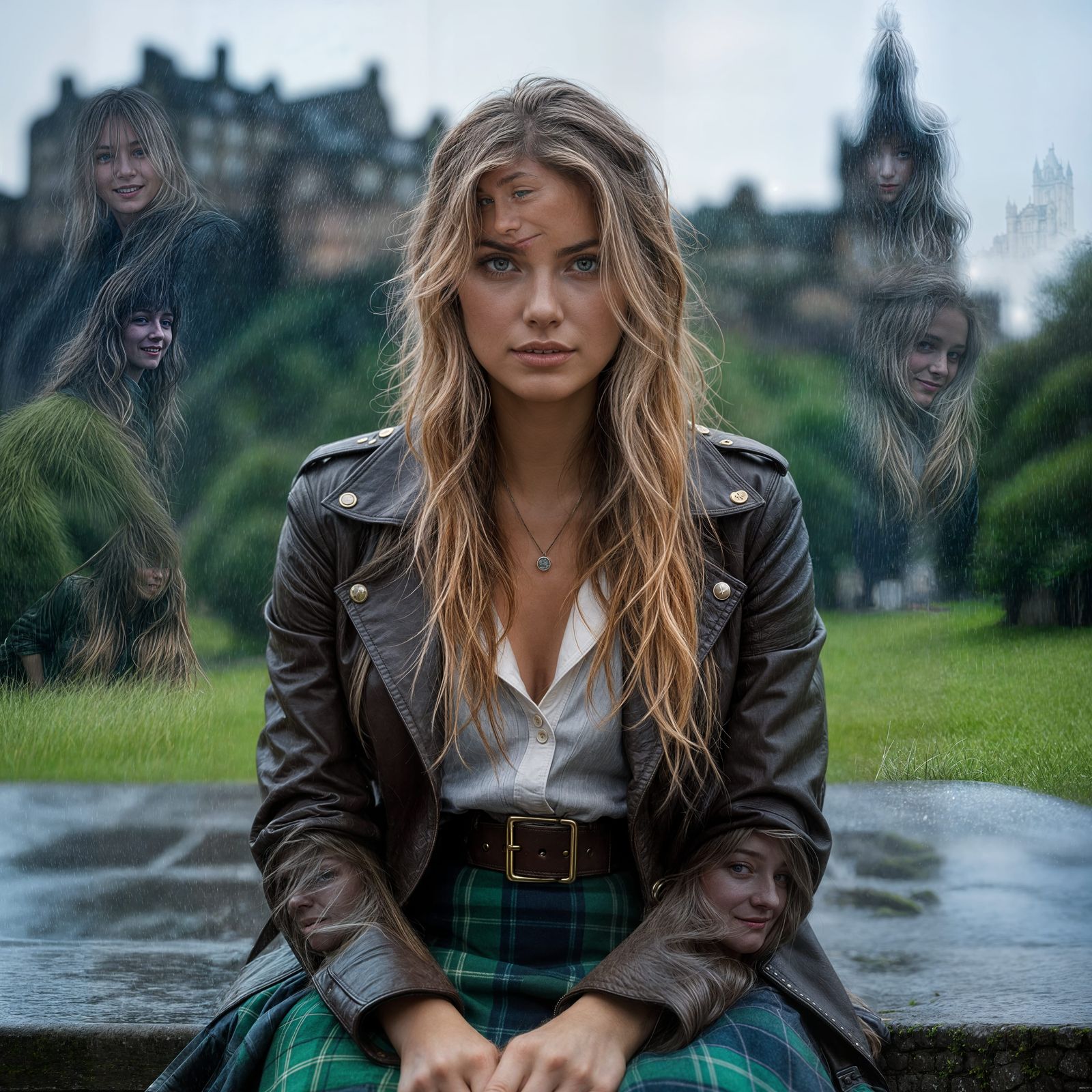 Scottish Woman in Edinburgh Rain, Photorealistic Portrait