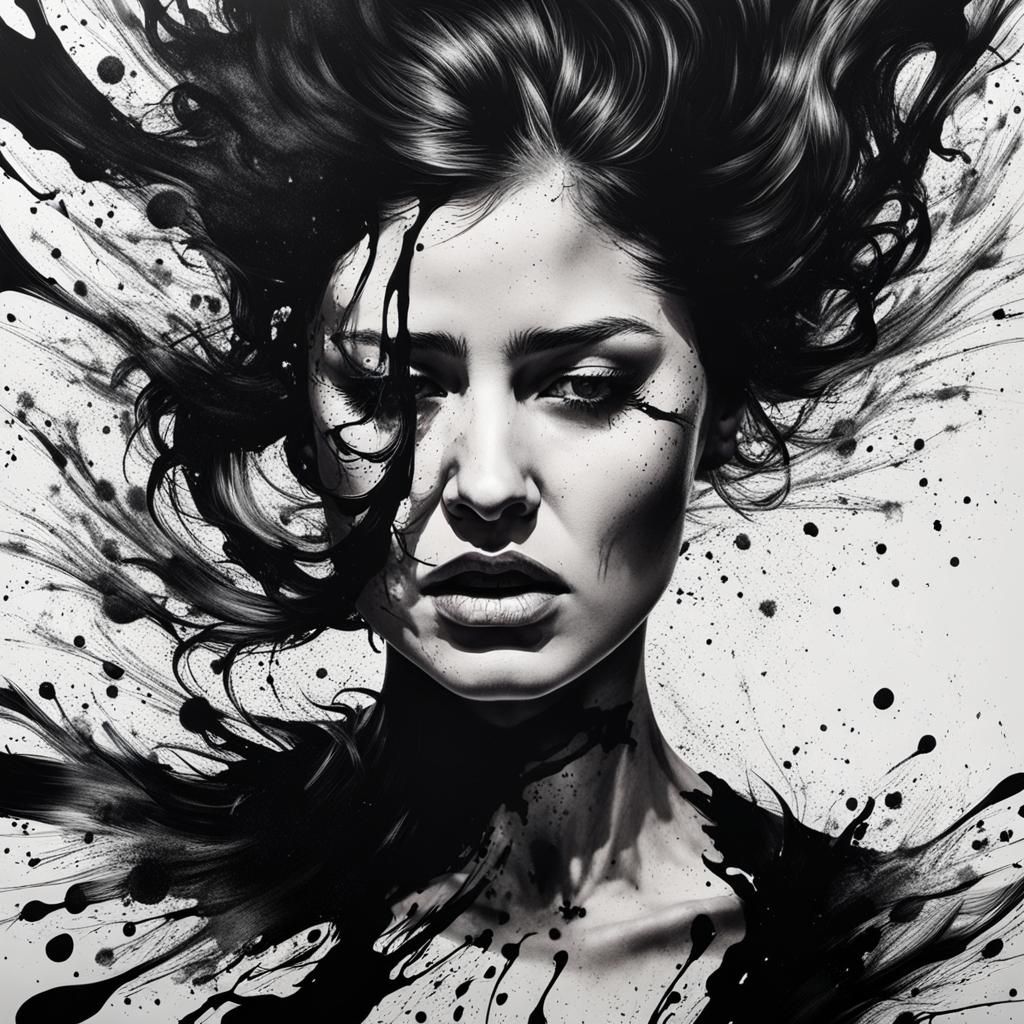 Expressive Woman's Face in Black and White Splatter Art