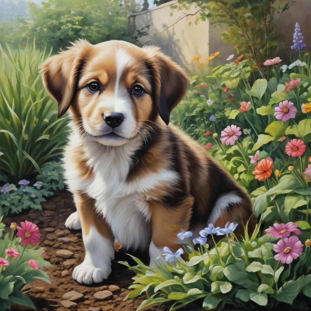 Puppy in Garden as Impressionistic Painting