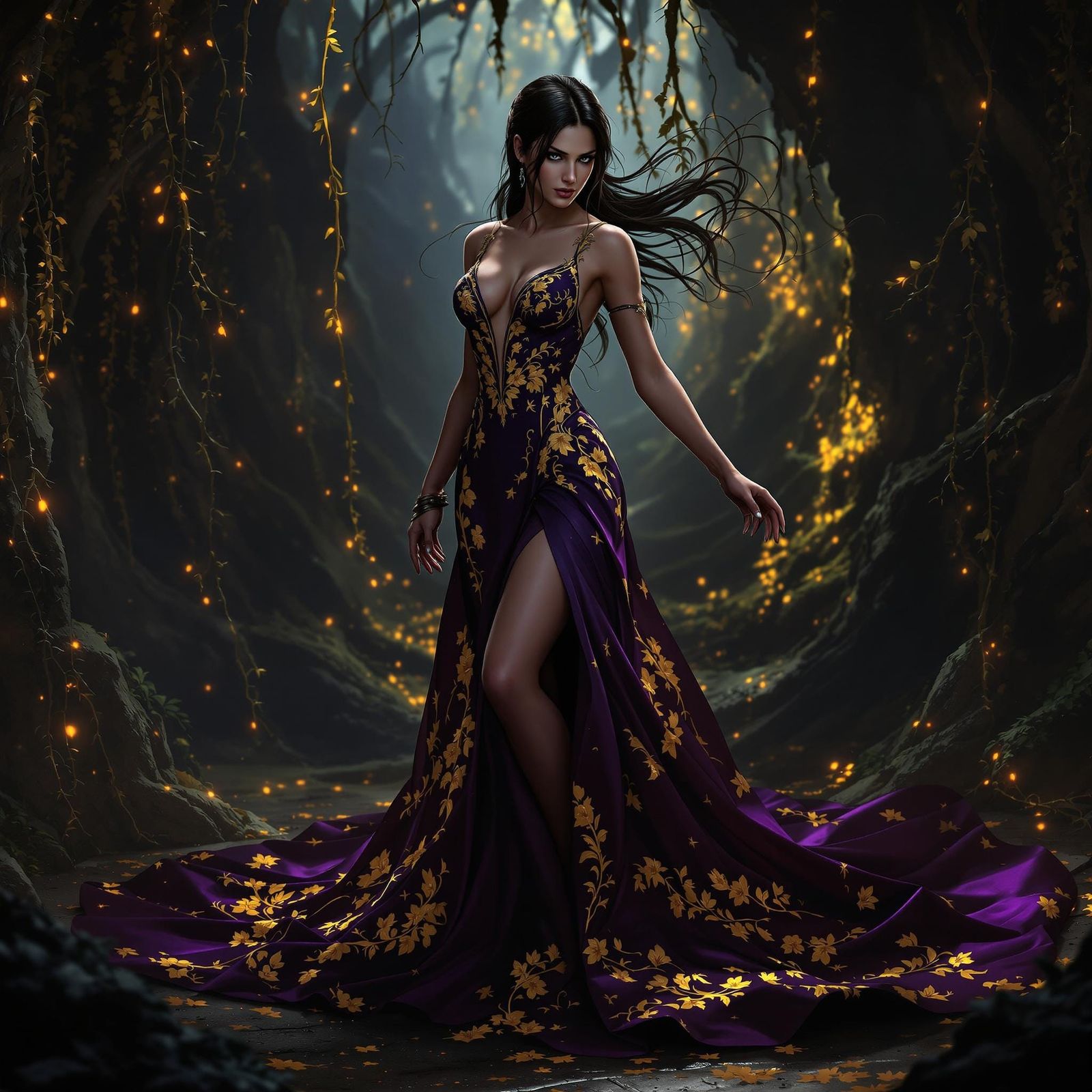 Lara Croft in Elegant Gown, Dark Fantasy Art